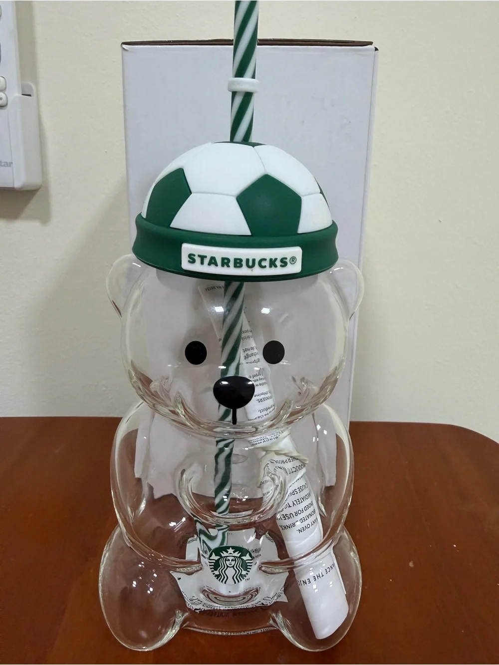 NWT Starbucks 2026 LATAM Bearista Glass Tumbler With Soccer Ball Lid/Hat